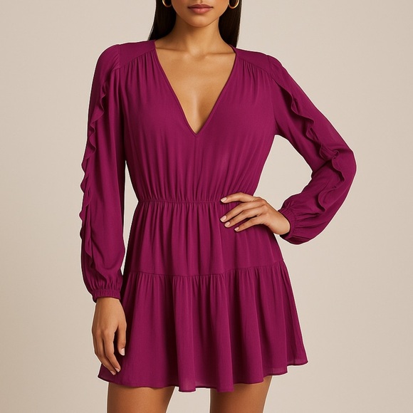 KARINA GRIMALDI Cranberry Purple Silk Long Sleeve Mini Dress M - Picture 1 of 10